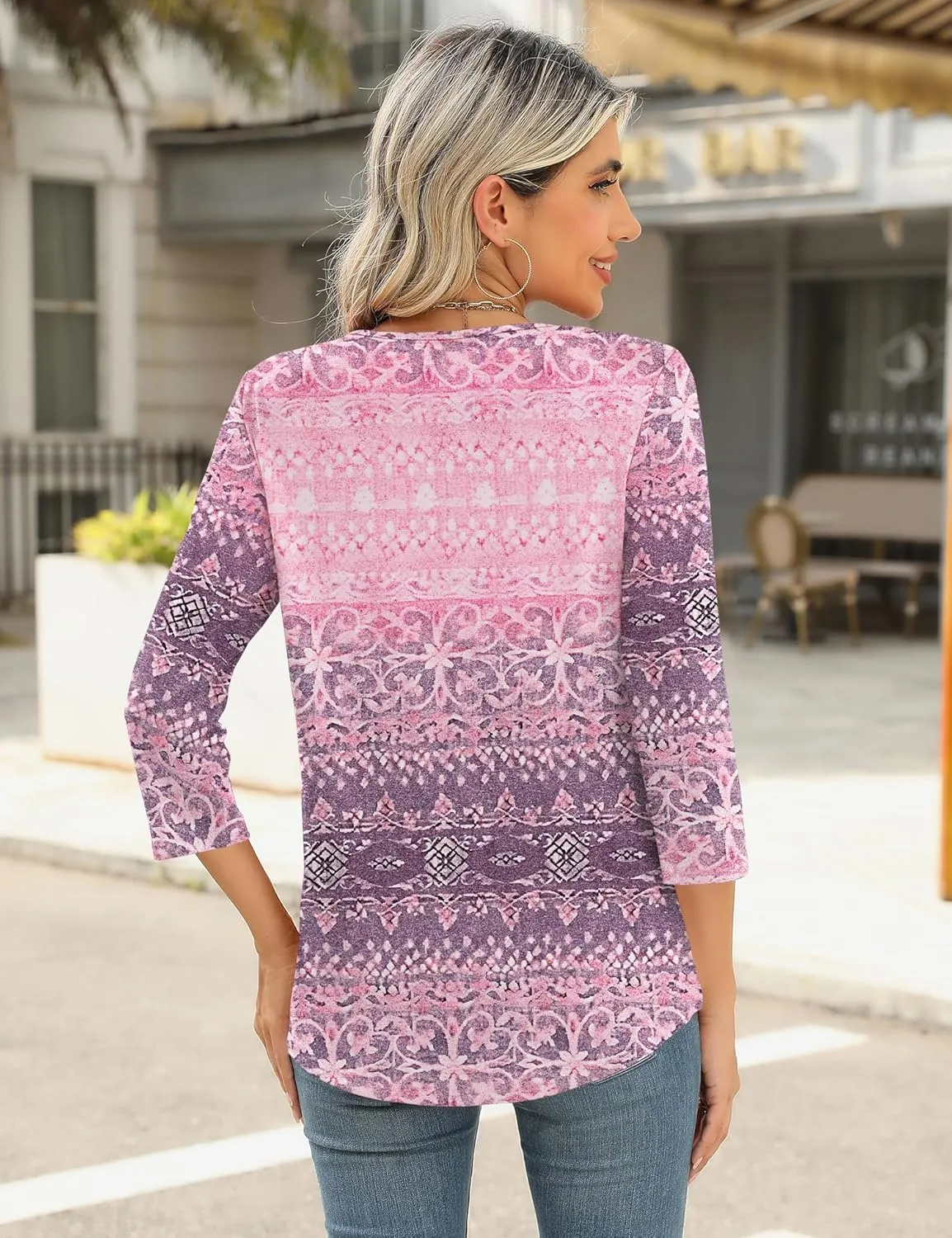 Romanstii 3/4 Length Sleeve Womens Tops Keyhole Crewneck Shirts Business Dressy Casual Tunic Blouses Summer Basic Tees
