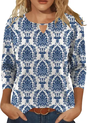Romanstii 3/4 Length Sleeve Womens Tops Keyhole Crewneck Shirts Business Dressy Casual Tunic Blouses Summer Basic Tees