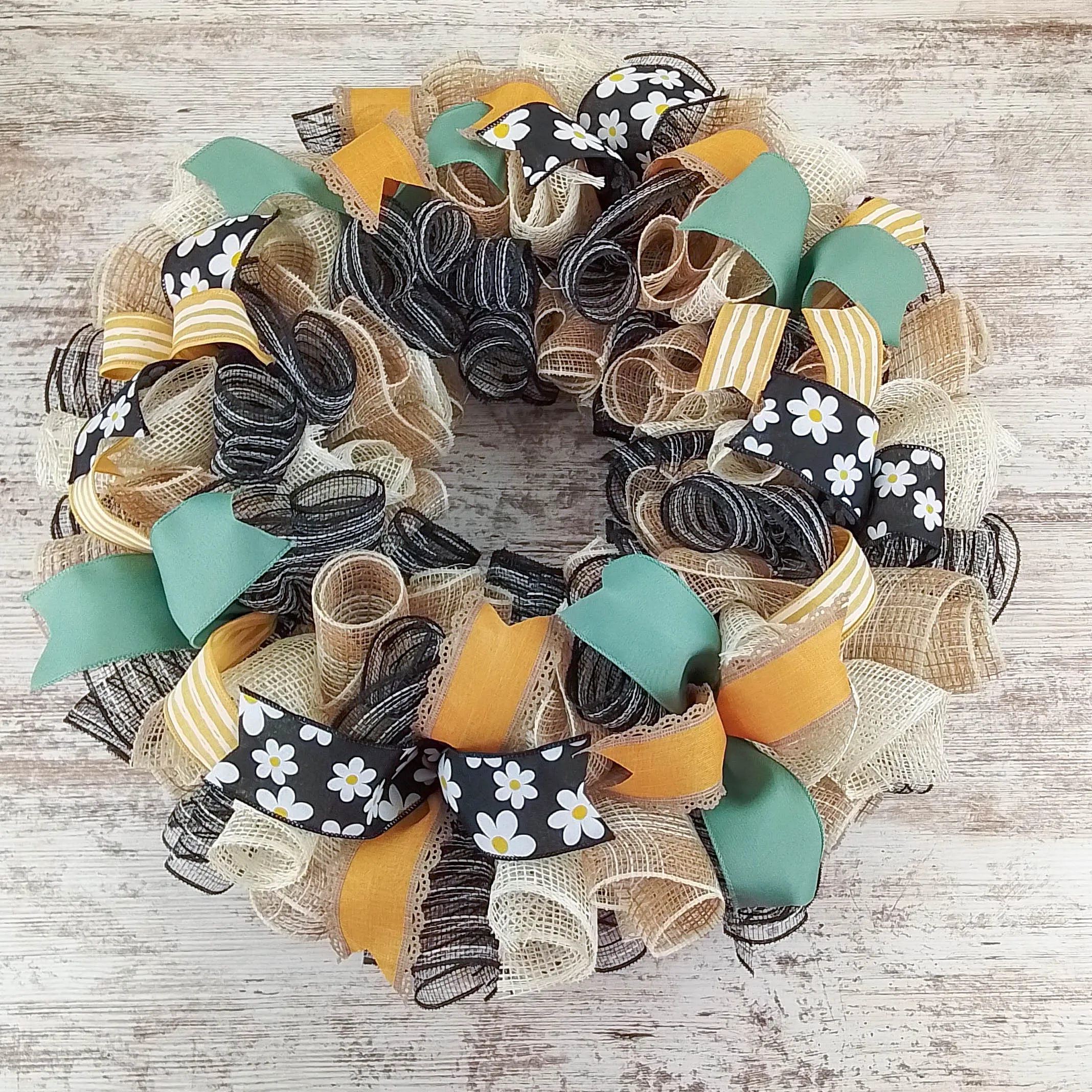 Rustic Burlap Wreath, Deco Mesh and Wired Ribbon Door Hanger, Decorative Home Accessory