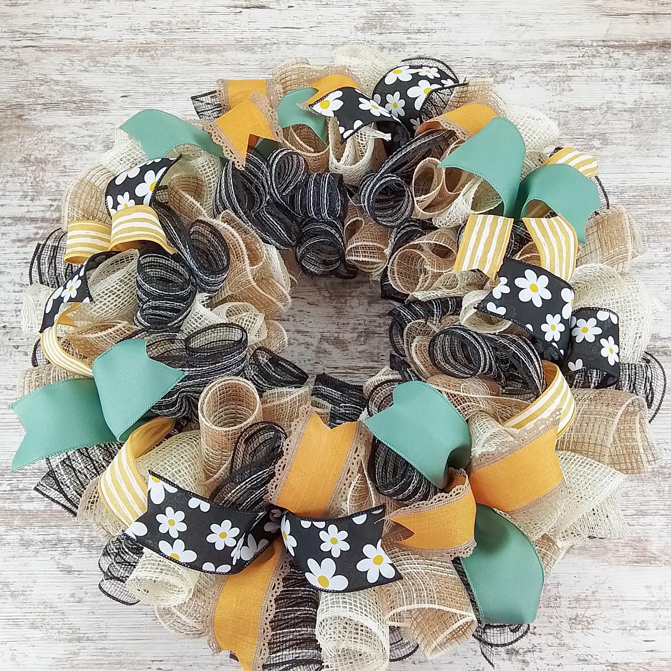 Rustic Burlap Wreath, Deco Mesh and Wired Ribbon Door Hanger, Decorative Home Accessory
