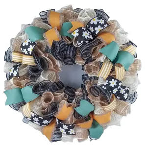 Rustic Burlap Wreath, Deco Mesh and Wired Ribbon Door Hanger, Decorative Home Accessory