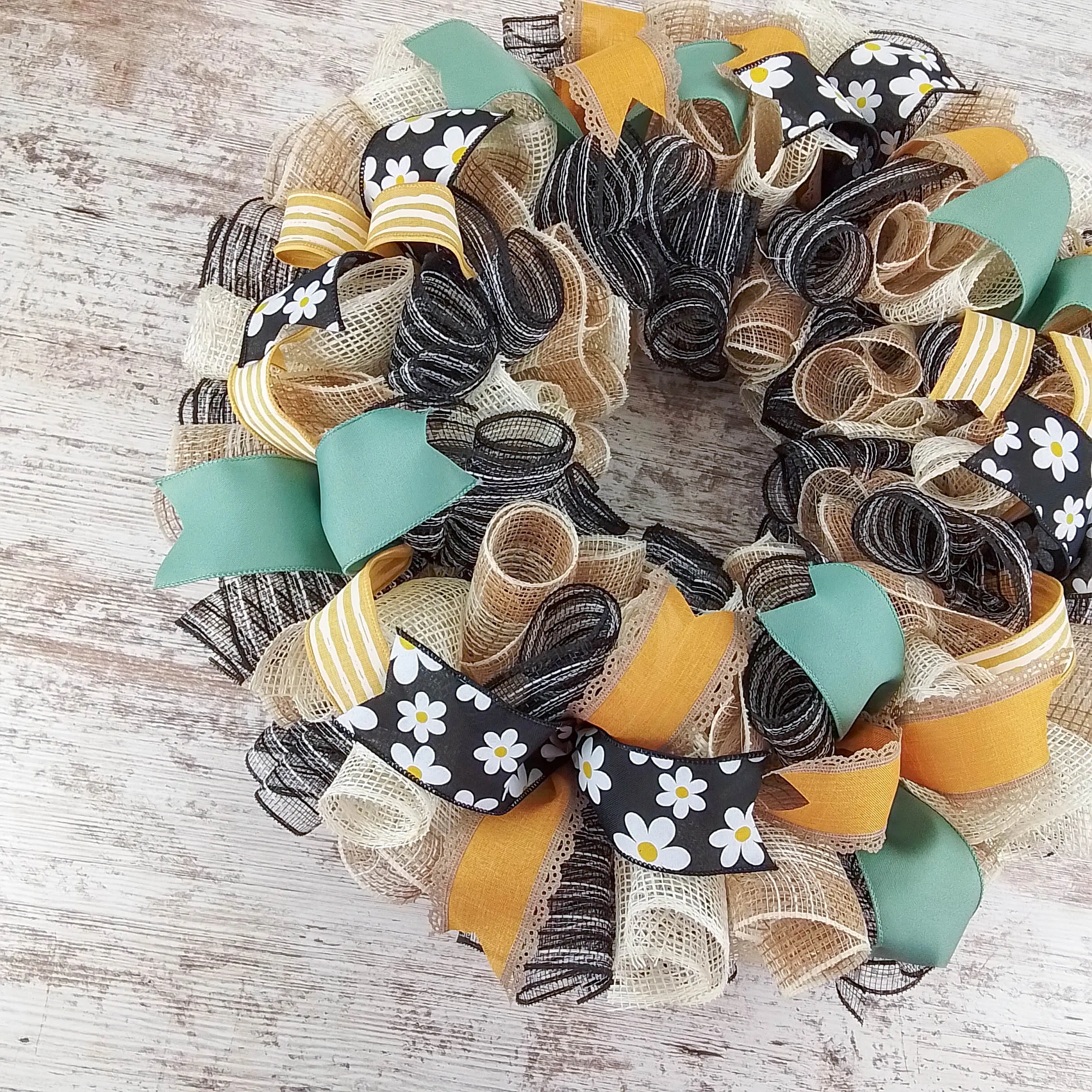 Rustic Burlap Wreath, Deco Mesh and Wired Ribbon Door Hanger, Decorative Home Accessory