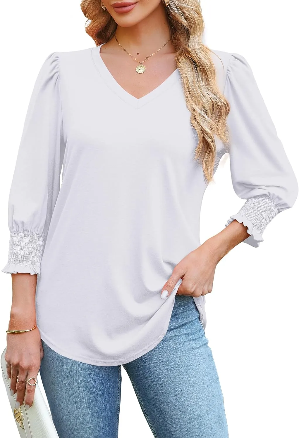 SAMPEEL 3/4 Length Sleeve Womens Tops Dressy Casual Blouses V Neck T Shirts with Smocked Cuffs