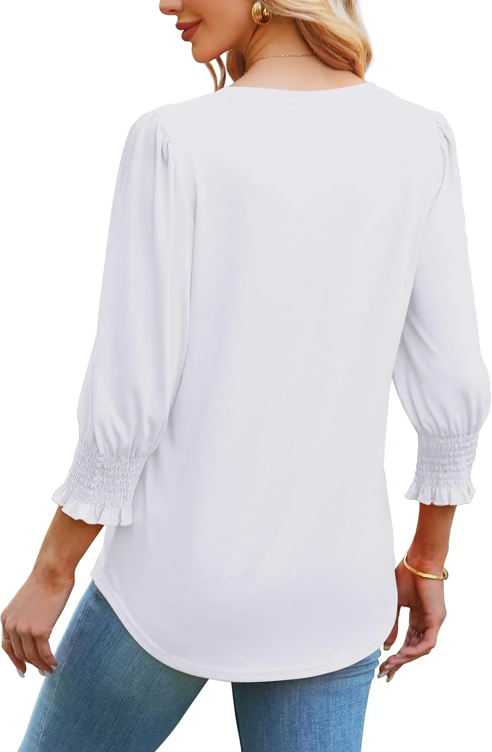 SAMPEEL 3/4 Length Sleeve Womens Tops Dressy Casual Blouses V Neck T Shirts with Smocked Cuffs