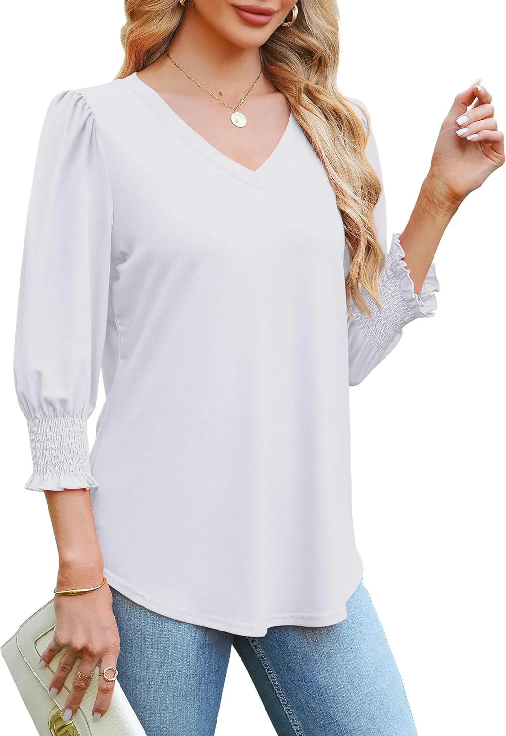 SAMPEEL 3/4 Length Sleeve Womens Tops Dressy Casual Blouses V Neck T Shirts with Smocked Cuffs