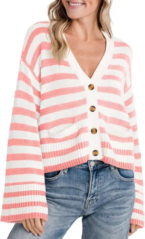 Saodimallsu Womens Striped Cardigan Sweaters Cropped Fall Button Open Front Long Sleeve Knit Sweater Coat with Pockets