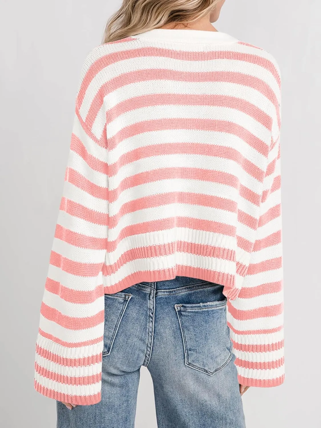 Saodimallsu Womens Striped Cardigan Sweaters Cropped Fall Button Open Front Long Sleeve Knit Sweater Coat with Pockets