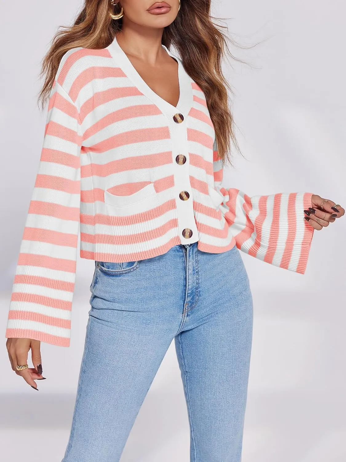 Saodimallsu Womens Striped Cardigan Sweaters Cropped Fall Button Open Front Long Sleeve Knit Sweater Coat with Pockets