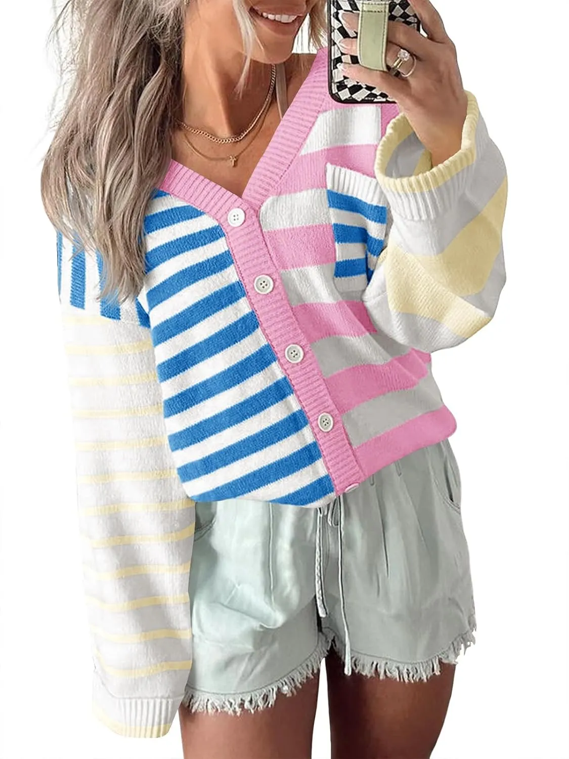 Saodimallsu Womens Striped Color Block Cardigan Sweaters V Neck Long Sleeve Button Colorful Open Front Coats