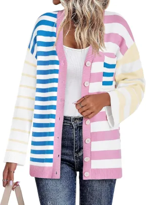 Saodimallsu Womens Striped Color Block Cardigan Sweaters V Neck Long Sleeve Button Colorful Open Front Coats