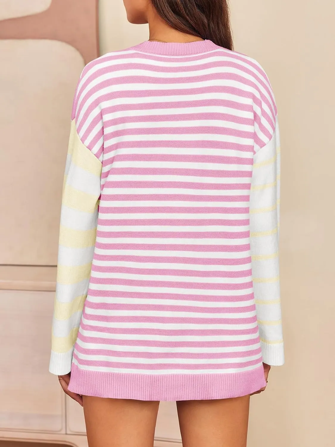 Saodimallsu Womens Striped Color Block Cardigan Sweaters V Neck Long Sleeve Button Colorful Open Front Coats