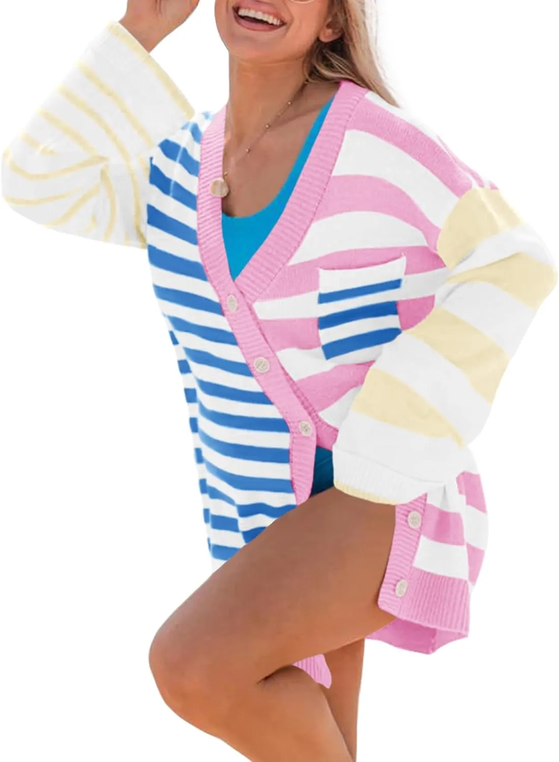 Saodimallsu Womens Striped Color Block Cardigan Sweaters V Neck Long Sleeve Button Colorful Open Front Coats