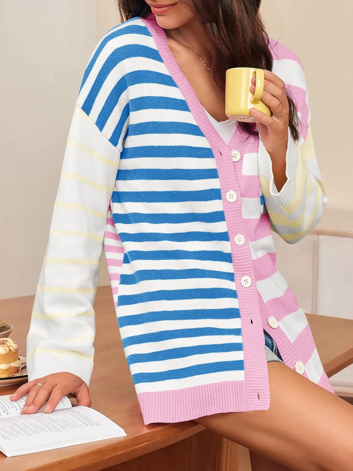 Saodimallsu Womens Striped Color Block Cardigan Sweaters V Neck Long Sleeve Button Colorful Open Front Coats