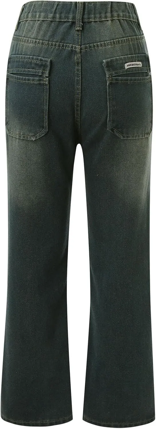 sdbrld Cargo Pants Women Adjustable Waist Multiple Pockets Relaxed Fit Straight Wide Leg Y2K Pants Trousers Y2K Fashion Jeans