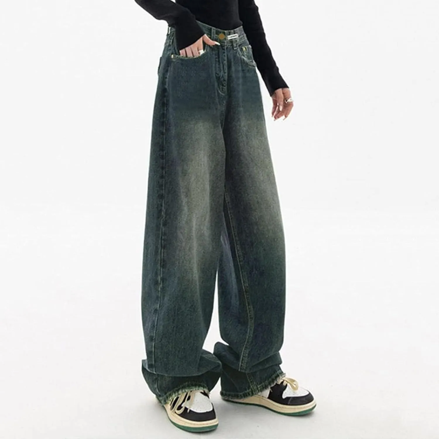 sdbrld Cargo Pants Women Adjustable Waist Multiple Pockets Relaxed Fit Straight Wide Leg Y2K Pants Trousers Y2K Fashion Jeans