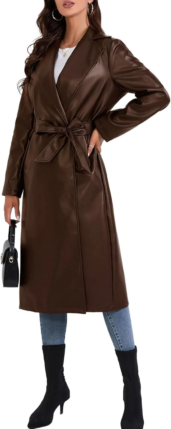 SEMATOMALA Women's Black Faux Leather Long Coat PU Leather Notched Lapel Trench Coat Open Front Maxi Jacket Overcoat