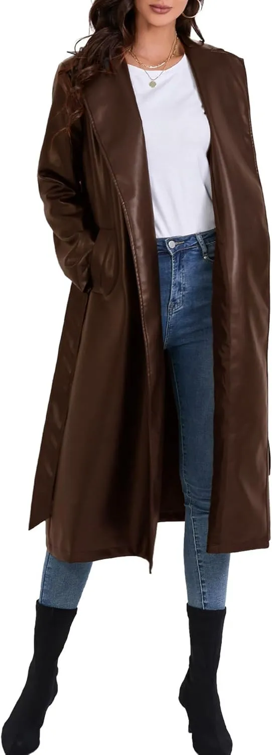SEMATOMALA Women's Black Faux Leather Long Coat PU Leather Notched Lapel Trench Coat Open Front Maxi Jacket Overcoat
