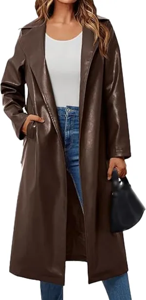 SEMATOMALA Women's Black Faux Leather Long Coat PU Leather Notched Lapel Trench Coat Open Front Maxi Jacket Overcoat