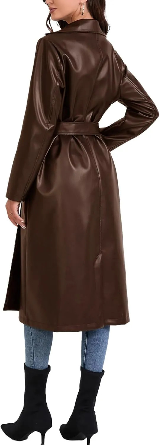 SEMATOMALA Women's Black Faux Leather Long Coat PU Leather Notched Lapel Trench Coat Open Front Maxi Jacket Overcoat
