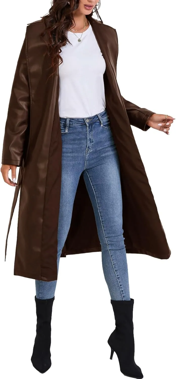 SEMATOMALA Women's Black Faux Leather Long Coat PU Leather Notched Lapel Trench Coat Open Front Maxi Jacket Overcoat