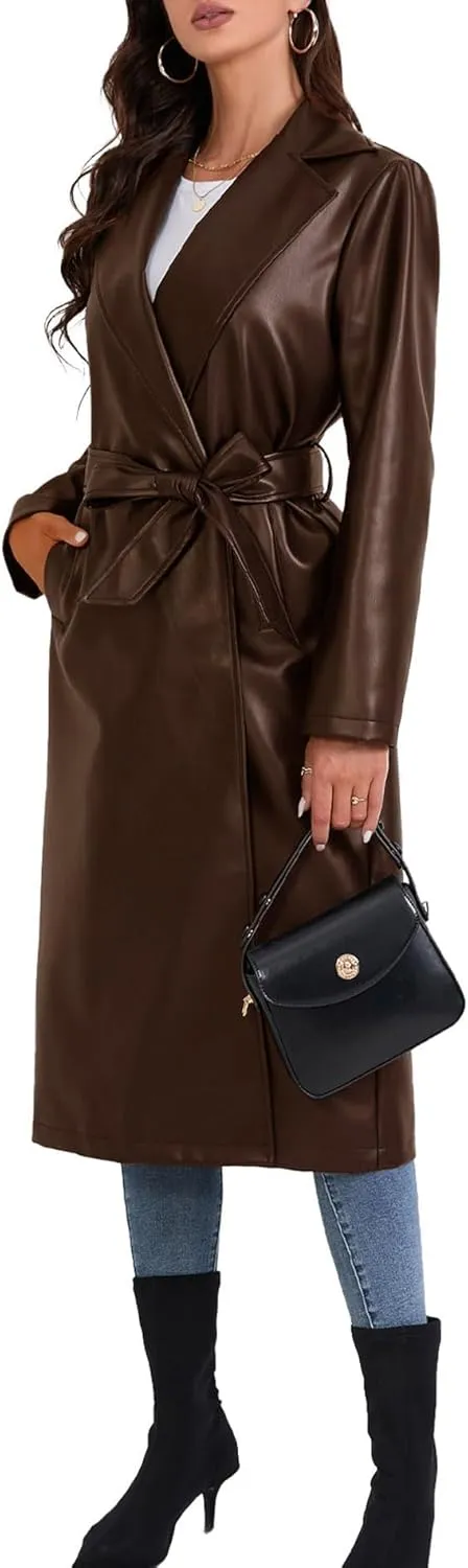 SEMATOMALA Women's Black Faux Leather Long Coat PU Leather Notched Lapel Trench Coat Open Front Maxi Jacket Overcoat