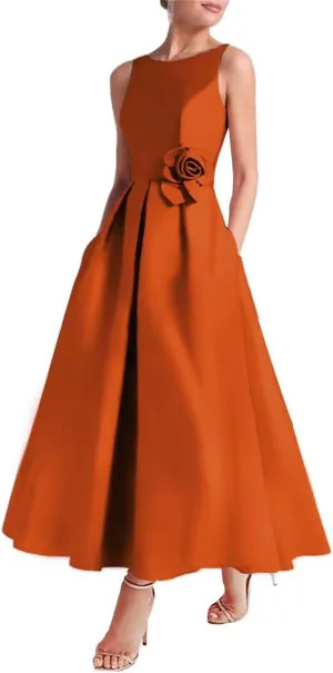 SHANDUAO 3D Flower Satin Mother of The Bride Dresses Midi Formal Evening Party Gown with Pocket
