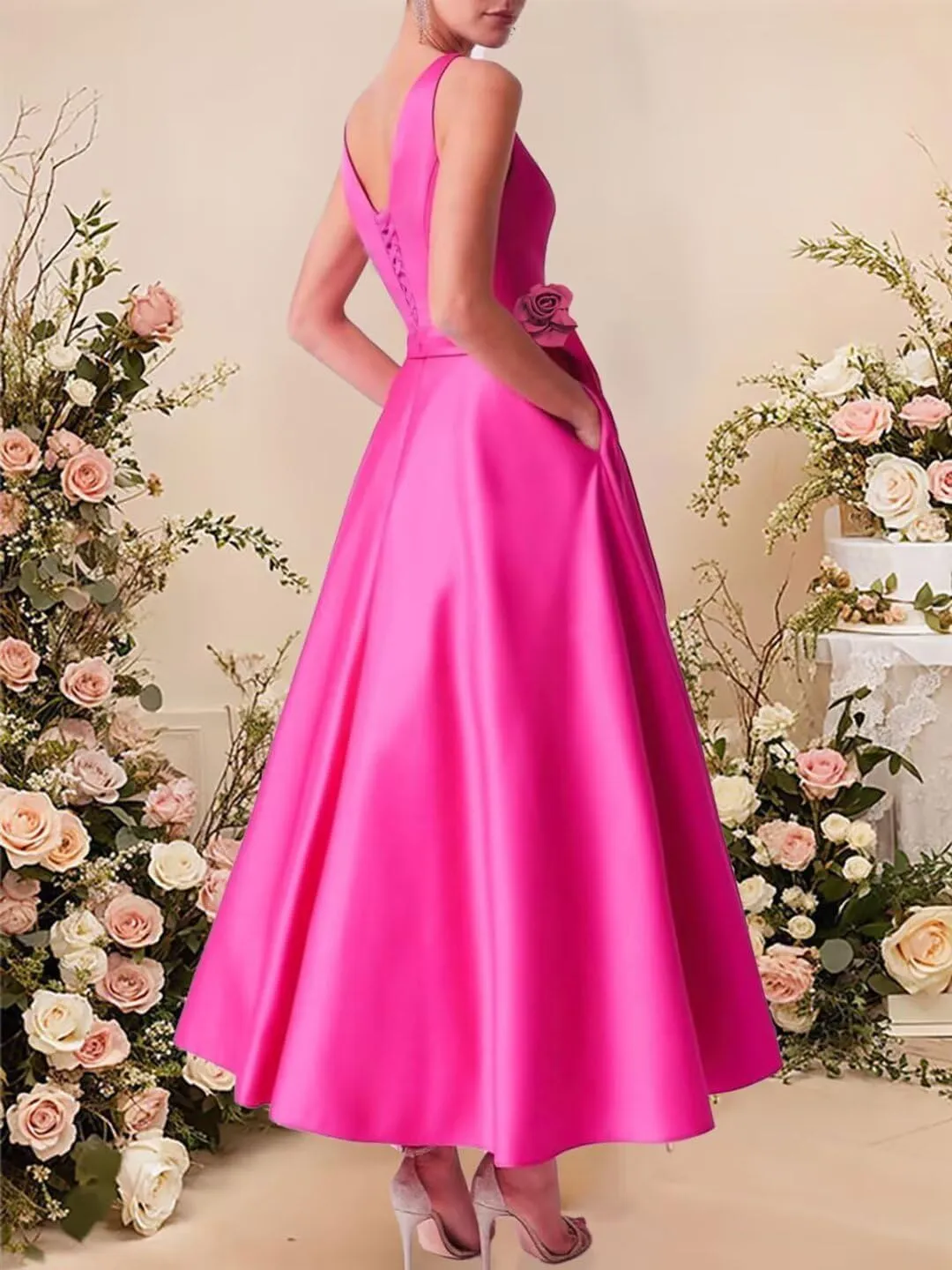 SHANDUAO 3D Flower Satin Mother of The Bride Dresses Midi Formal Evening Party Gown with Pocket