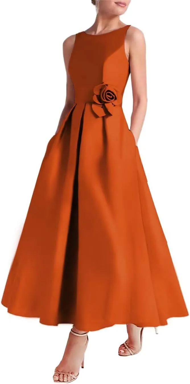 SHANDUAO 3D Flower Satin Mother of The Bride Dresses Midi Formal Evening Party Gown with Pocket