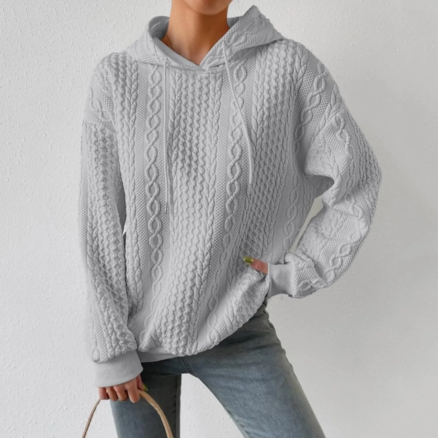 SHAOBGE Front L Women's Textured Long Sleeve Drop Shoulder Drawstring Pullover Solid Hoodie Top