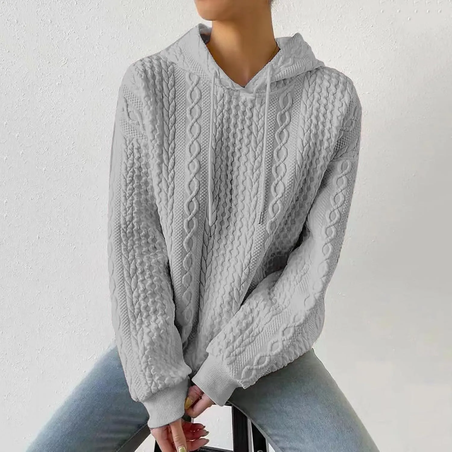 SHAOBGE Front L Women's Textured Long Sleeve Drop Shoulder Drawstring Pullover Solid Hoodie Top
