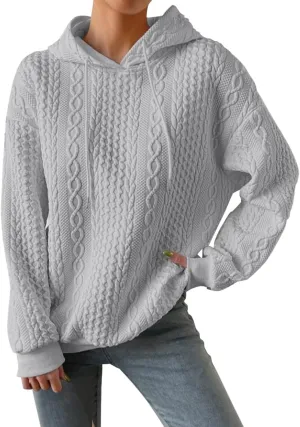 SHAOBGE Front L Women's Textured Long Sleeve Drop Shoulder Drawstring Pullover Solid Hoodie Top