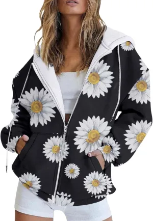 SHAOBGE Snap Hoodie Women Fashion Autumn Floral Print Casual Pockets Long Sleeve Jacket Cute Drawstring Plain Hoodies