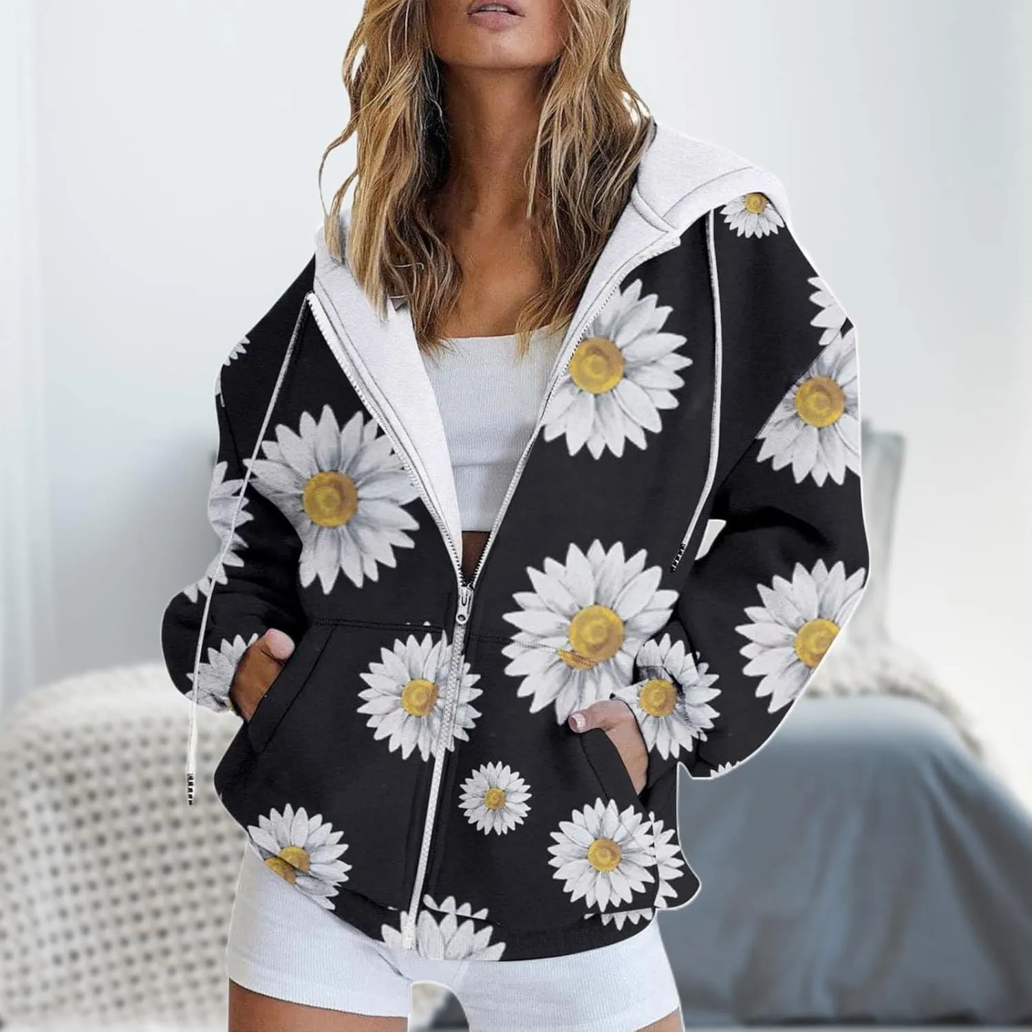 SHAOBGE Snap Hoodie Women Fashion Autumn Floral Print Casual Pockets Long Sleeve Jacket Cute Drawstring Plain Hoodies