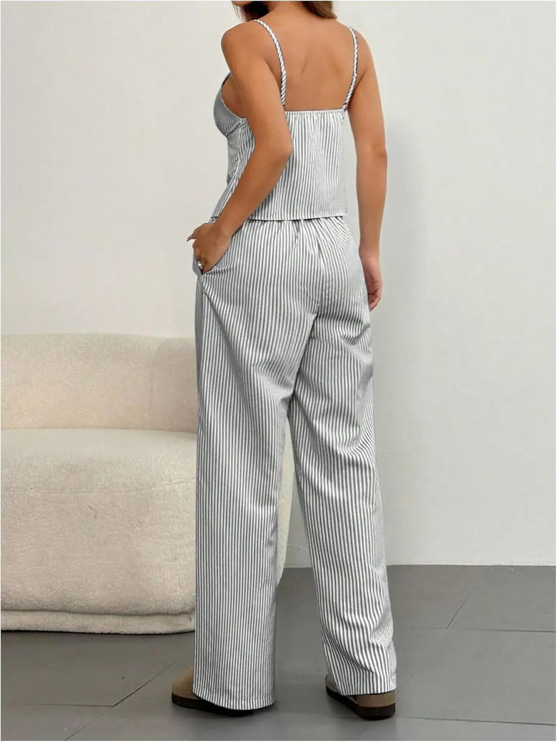 SHENHE Women's Striped 2 Pieces Outfits Tie Front Camisole Tank and Wide Leg Pants Y2k Set