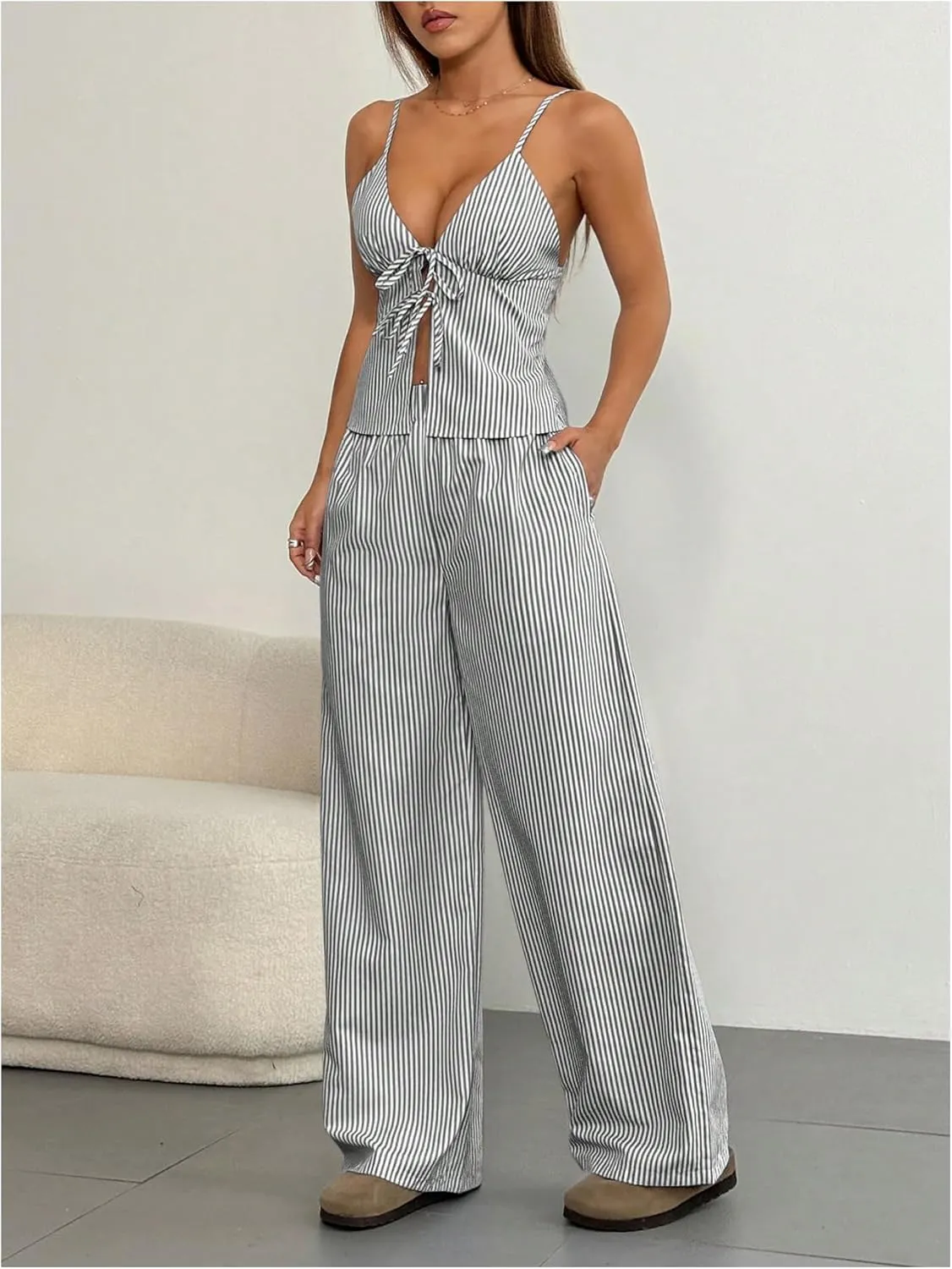 SHENHE Women's Striped 2 Pieces Outfits Tie Front Camisole Tank and Wide Leg Pants Y2k Set