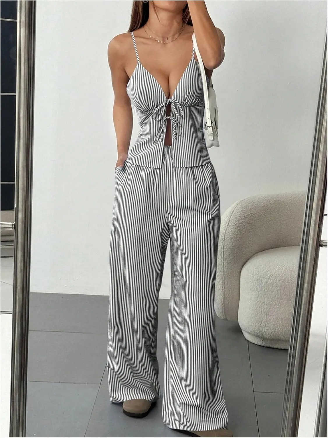 SHENHE Women's Striped 2 Pieces Outfits Tie Front Camisole Tank and Wide Leg Pants Y2k Set