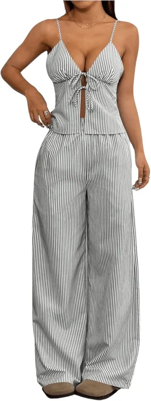 SHENHE Women's Striped 2 Pieces Outfits Tie Front Camisole Tank and Wide Leg Pants Y2k Set