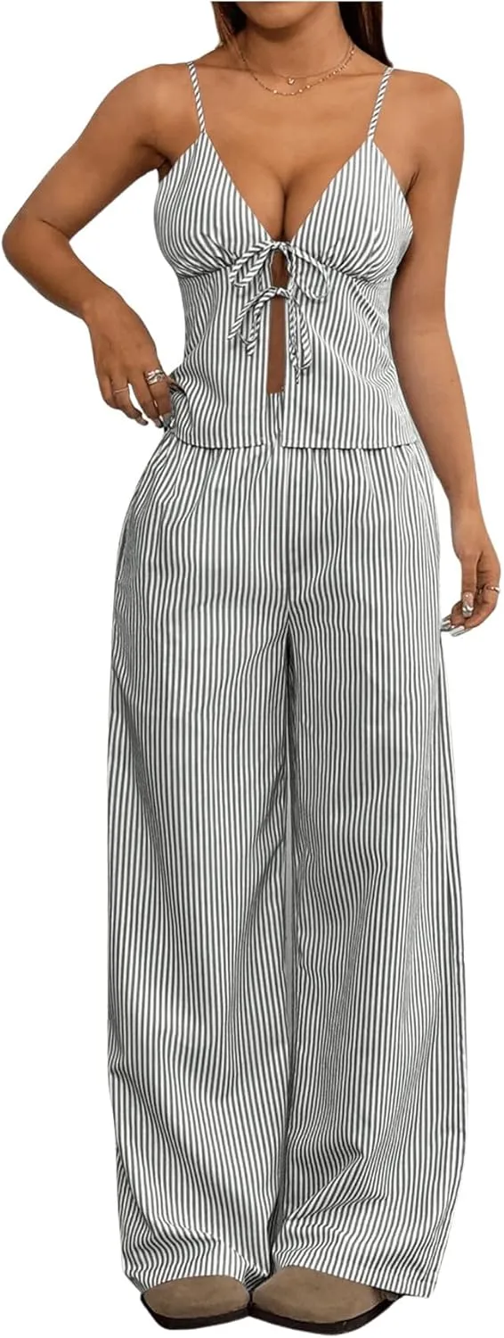 SHENHE Women's Striped 2 Pieces Outfits Tie Front Camisole Tank and Wide Leg Pants Y2k Set