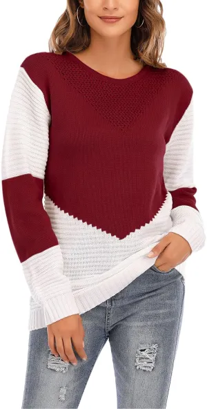 shermie Women's Colorblock Sweaters Long Sleeve Crew Neck Cable Knit Loose Casual Pullover