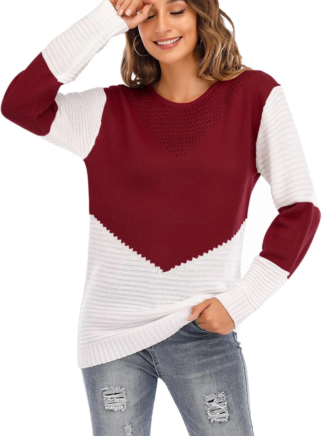 shermie Women's Colorblock Sweaters Long Sleeve Crew Neck Cable Knit Loose Casual Pullover