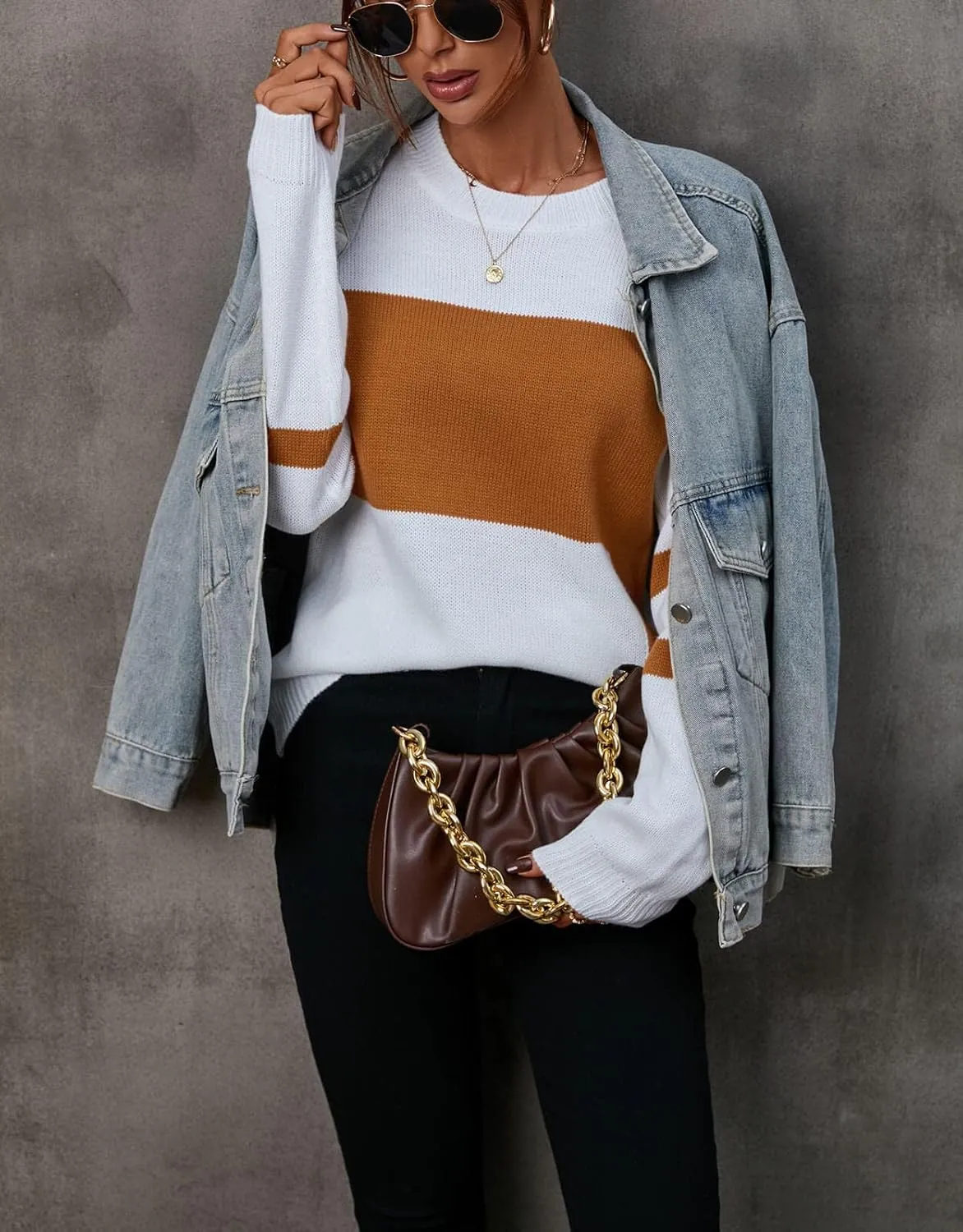 shermie Women's Colorblock Sweaters Long Sleeve Crew Neck Cable Knit Loose Casual Pullover