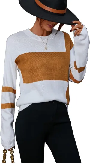 shermie Women's Colorblock Sweaters Long Sleeve Crew Neck Cable Knit Loose Casual Pullover