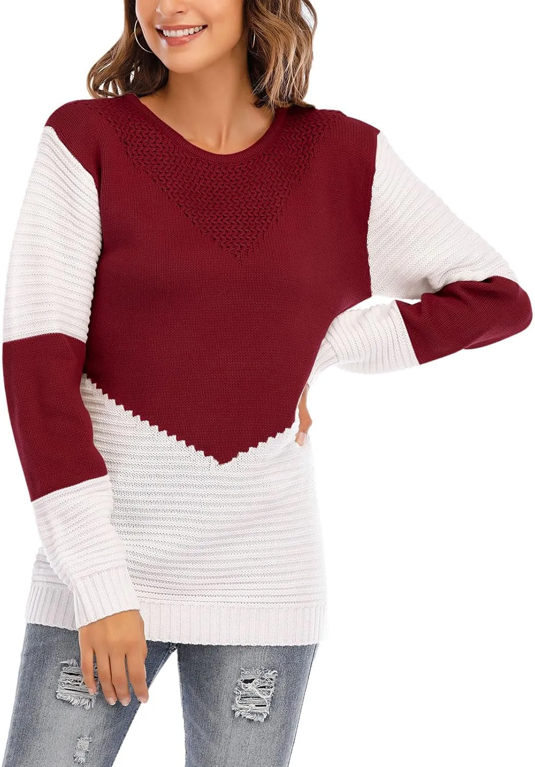 shermie Women's Colorblock Sweaters Long Sleeve Crew Neck Cable Knit Loose Casual Pullover