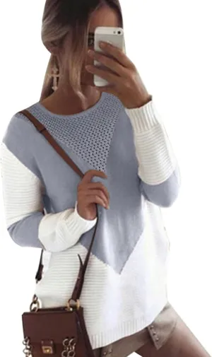 shermie Women's Colorblock Sweaters Long Sleeve Crew Neck Cable Knit Loose Casual Pullover