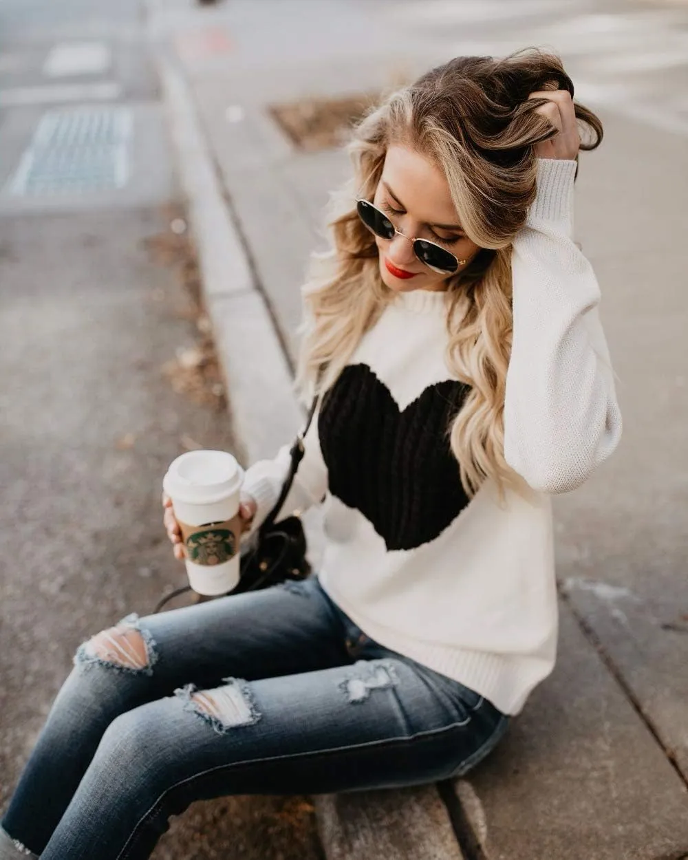shermie Women's Pullover Sweaters Long Sleeve Crew Neck Cute Heart Knitted Casual Sweater