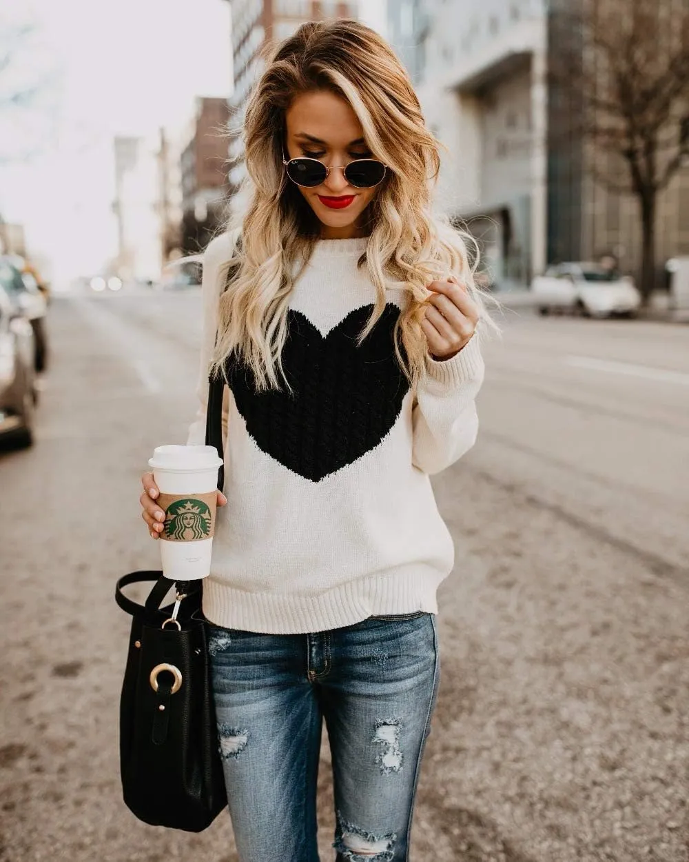 shermie Women's Pullover Sweaters Long Sleeve Crew Neck Cute Heart Knitted Casual Sweater