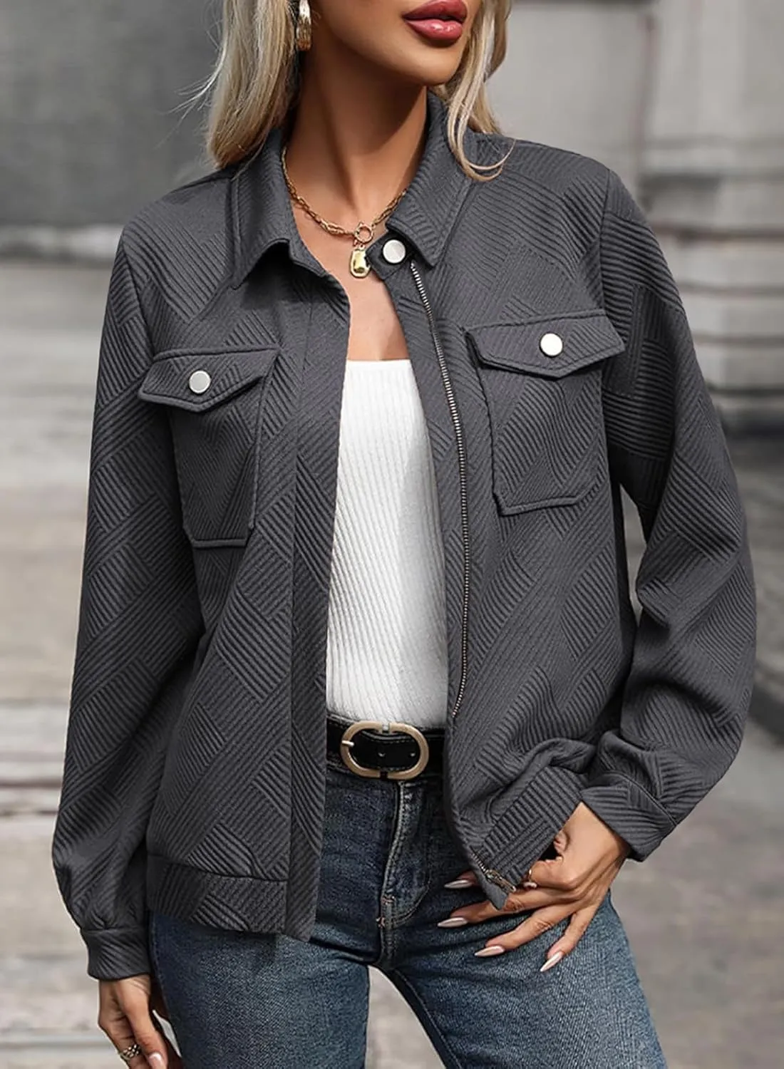 SHEWIN Jackets for Women Fall Fashion 2024 Casual Zip Up Shacket Jacket Lightweight Long Sleeve Shirts Tops