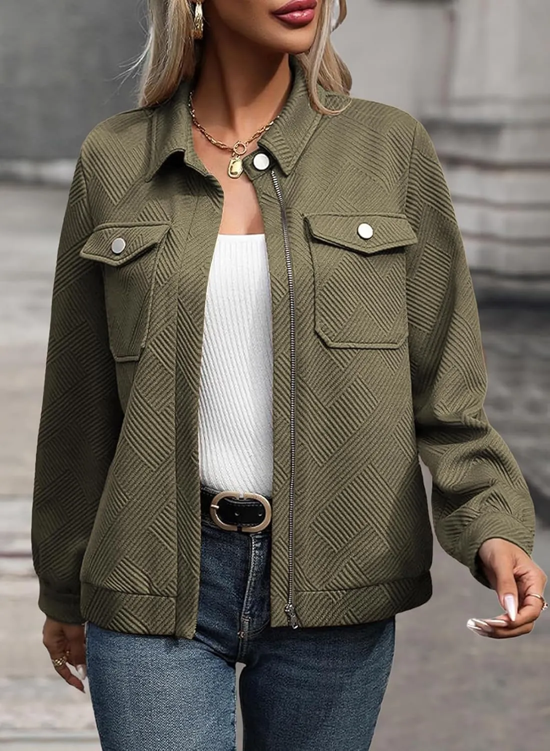 SHEWIN Jackets for Women Fall Fashion 2024 Casual Zip Up Shacket Jacket Lightweight Long Sleeve Shirts Tops