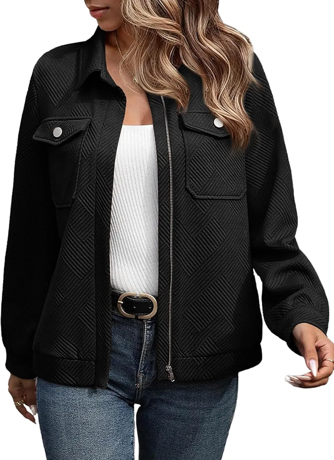 SHEWIN Jackets for Women Fall Fashion 2024 Casual Zip Up Shacket Jacket Lightweight Long Sleeve Shirts Tops