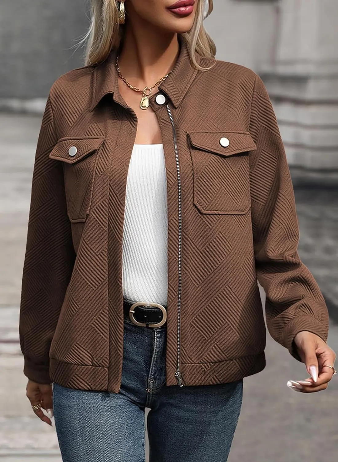 SHEWIN Jackets for Women Fall Fashion 2024 Casual Zip Up Shacket Jacket Lightweight Long Sleeve Shirts Tops
